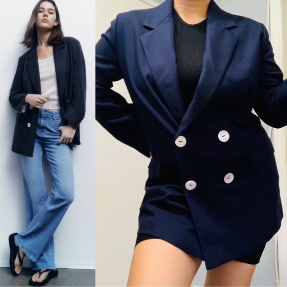 ZARA NAVY BLUE DOUBLE BREASTED BLAZER - Picture 6 of 14